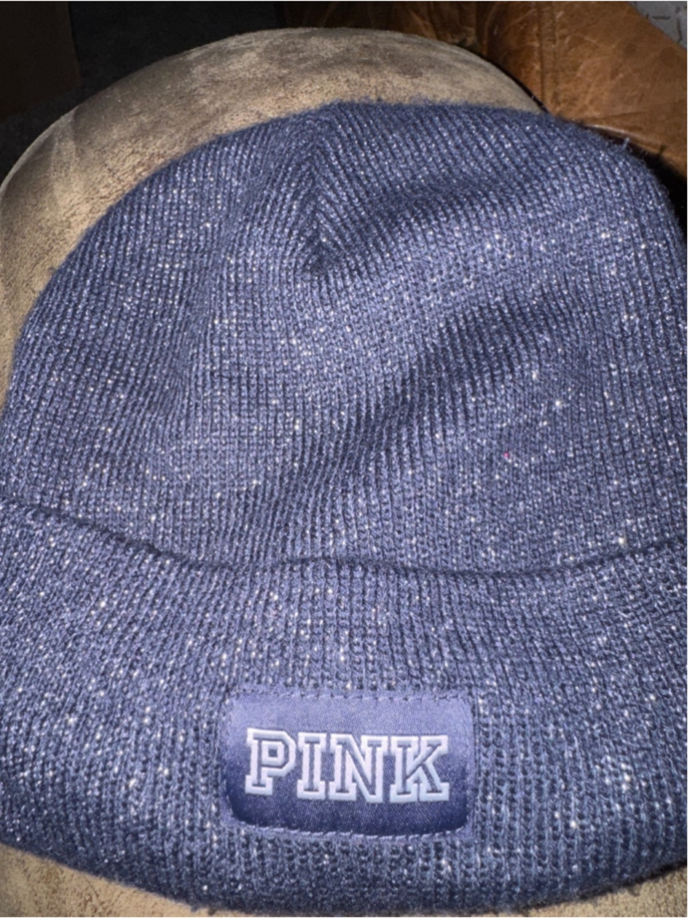 PINK Navy Blue Knit Acrylic Blend Beanie Hat Logo Accent Women One Size